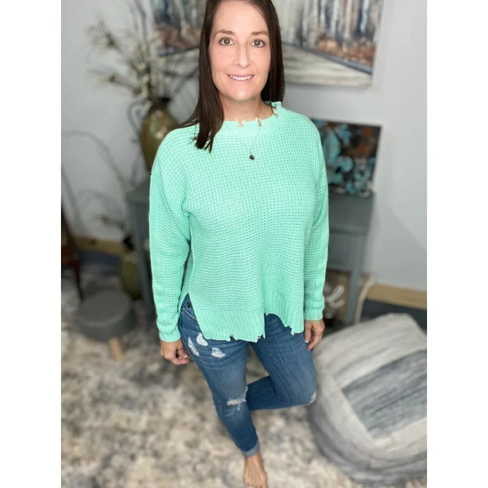 Chunky Waffle Knit Sweater Distressed Drop Shoulder Round Neck Mint 3222